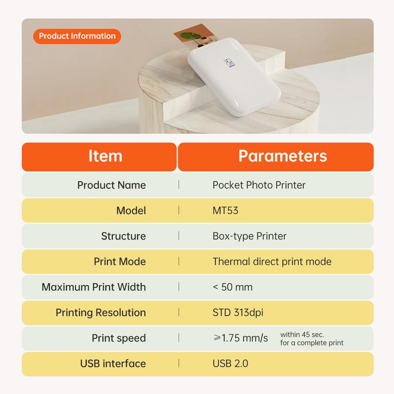HPRT MT53 Mini Photo Printer, 2x3" Self-Adhesive Instant Color Photos, Wireless Bluetooth Sticker Printer for iPhone & Android, Christmas Gift
